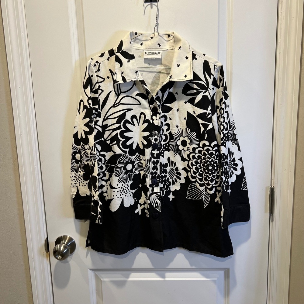 Serengeti Black White Floral Print Button Up Shirt Top 3/4‎ Sleeve